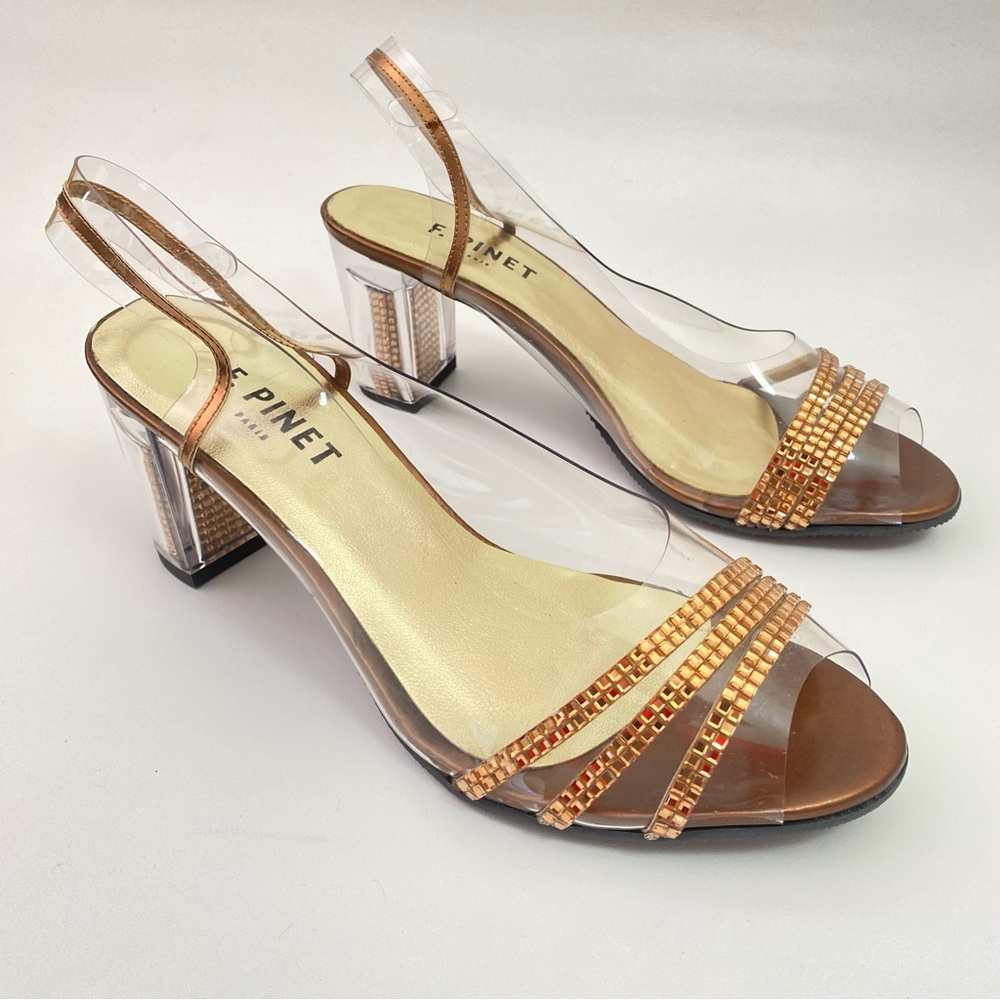 F. Pinet Paris Clear Rhinestone Slingback Peep Toe Womens Heeled Sandals Shoes 5 - Picture 1 of 16